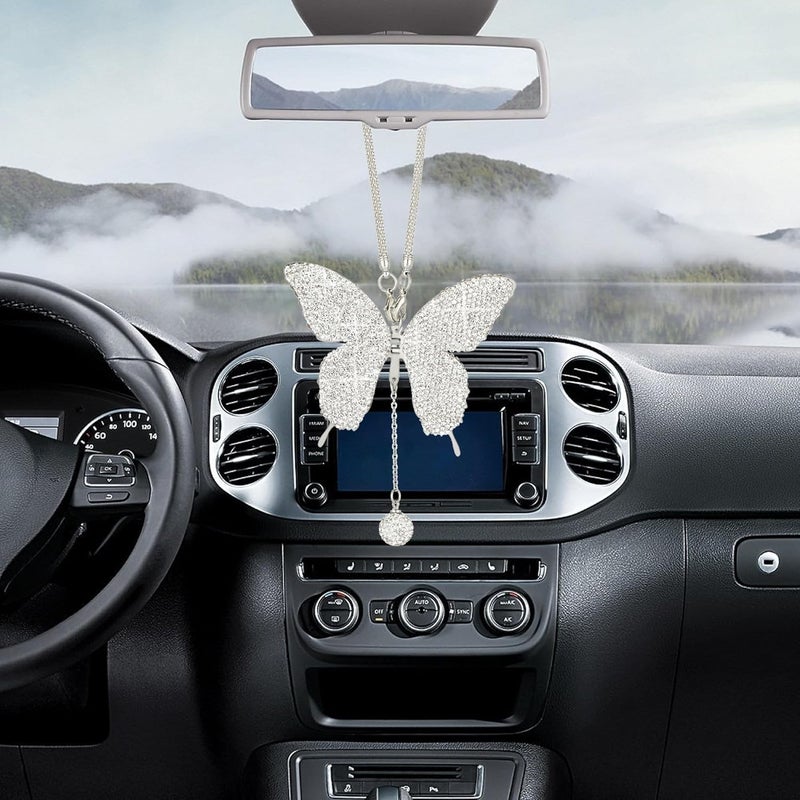 Couslcd Bling Butterfly Diamond Car Accessories, Crystal Car Rear View Mirror Charms for Women, Car Decoration Lucky Hanging Interior Crystal Ornament Pendant Decor for All Cars (White) - Image 4